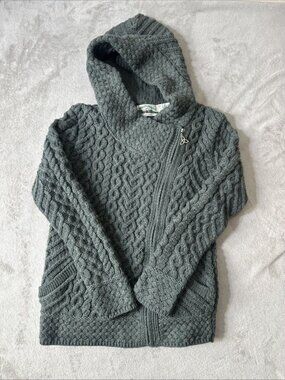 Aran Crafts Ireland Womens Wool Cable Knit Hoodie Gray Full Zip Sweater S
